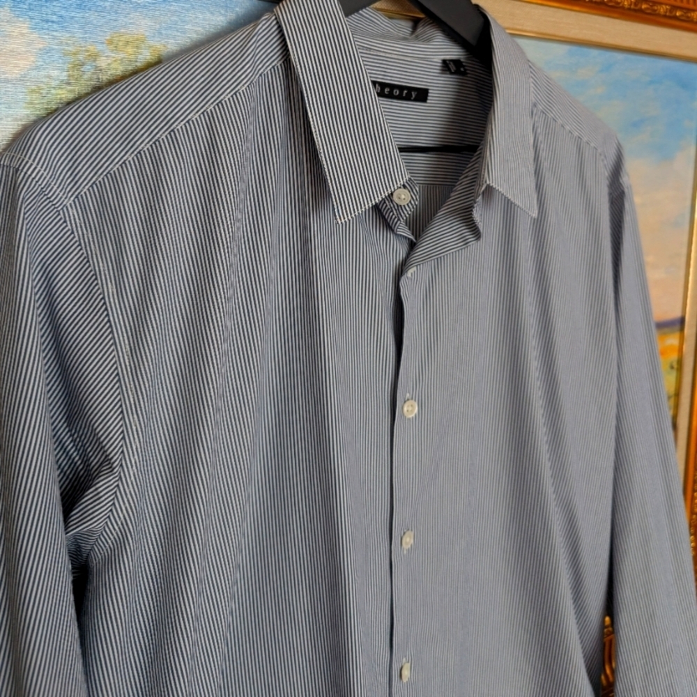 Theory White & Navy Striped Shirt